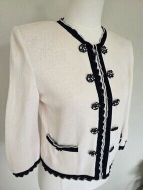 ​St. John Collection Lady Jacket Ivory Black Pearl Zip Knit Cardigan Size 2